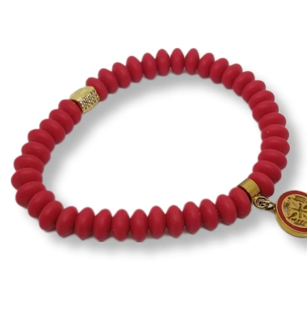 RUSTIC CUFF CHERRY RED SILICONE BEAD & CHARM STRETCH BRACELET